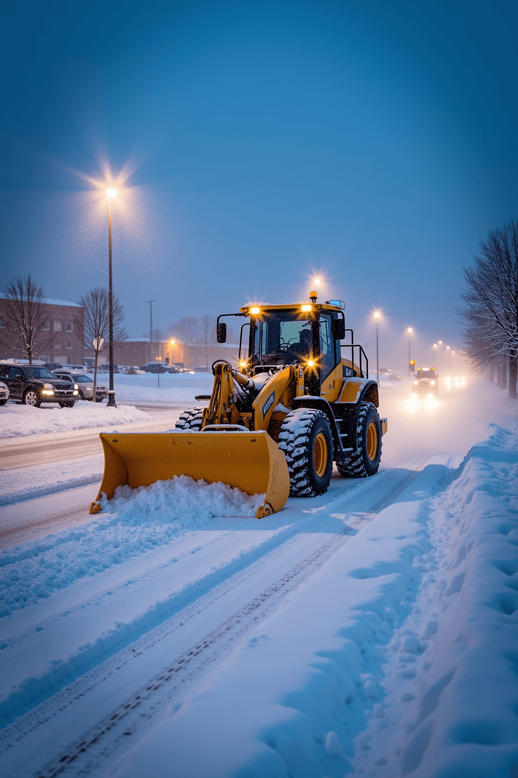 Heavy equipment clearing snow during a winter storm